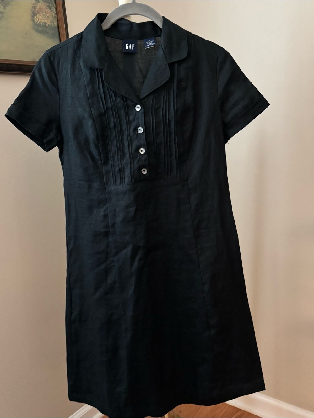 GAP Black Linen Shirt Dress Pintuck Tie Back Short Sleeve Size 2
